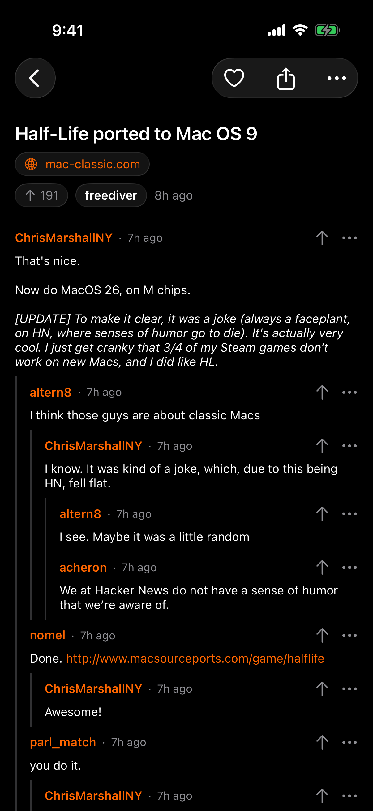A threaded Hacker News comment page in Jacobian's True Black theme, story titled Half-Life ported to Mac OS 9, with nested replies and vote arrows